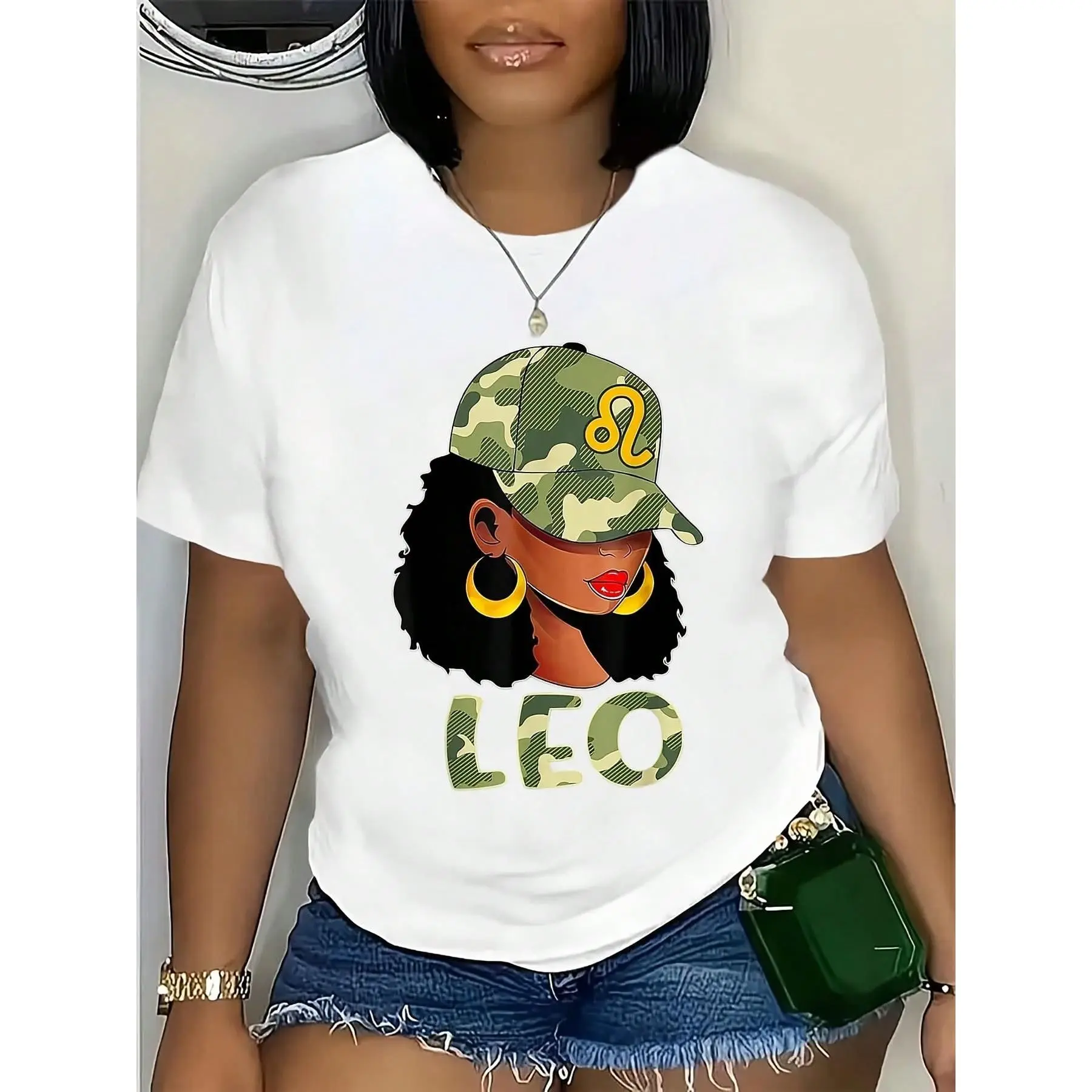 Women's Leo Zodiac Sign August Brithday T-Shirt -  Comfort Fit, Short Sleeve Crew Neck, With Leo Constellation Graphic skull vintage girlfriend cotton sport street fashion  short sleeve basic short sleeve t-shirt