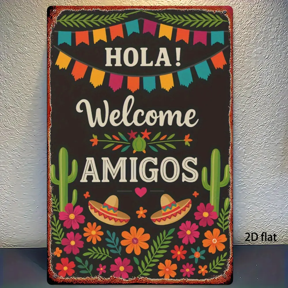 Mexican Welcome Sign Wall Decor • Vintage "Hola! Welcome Amigos" Wrought Iron Hanging Plaque with Sombrero • Spanish Fiesta Decoration Suitable for Home, Bar, Restaurant, Cafe, Spanish Party Decorations