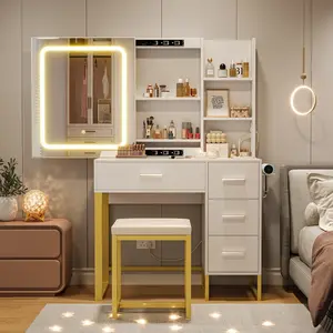 GARVEEVanity Desk with Mirror and Sliding LED Lights, Featuring Power Outlet, 4 Drawers, Storage Shelves, and Cushioned Stool; Available in White, Black, and Marble White Finishes for Bedroom Makeup Setup