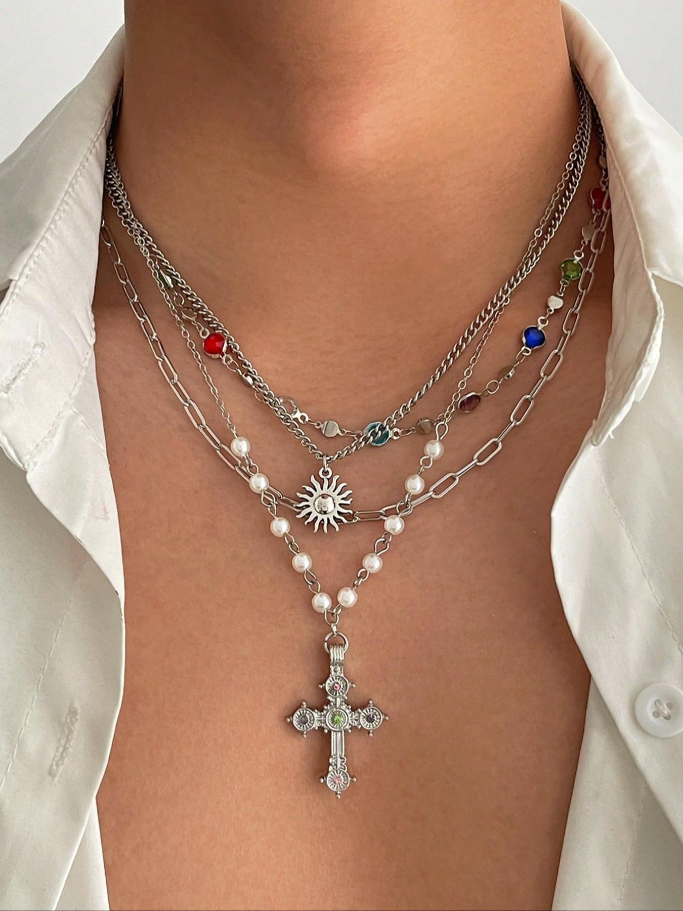 4-piece Vintage Multi-color Rhinestone Cross Sun Pendant Elegant Necklace Set, Durable Alloy Material Adjustable Hip Hop Punk Unique Cross Pendant Jewelry for Men, Couples Necklace, Iced Out Chains