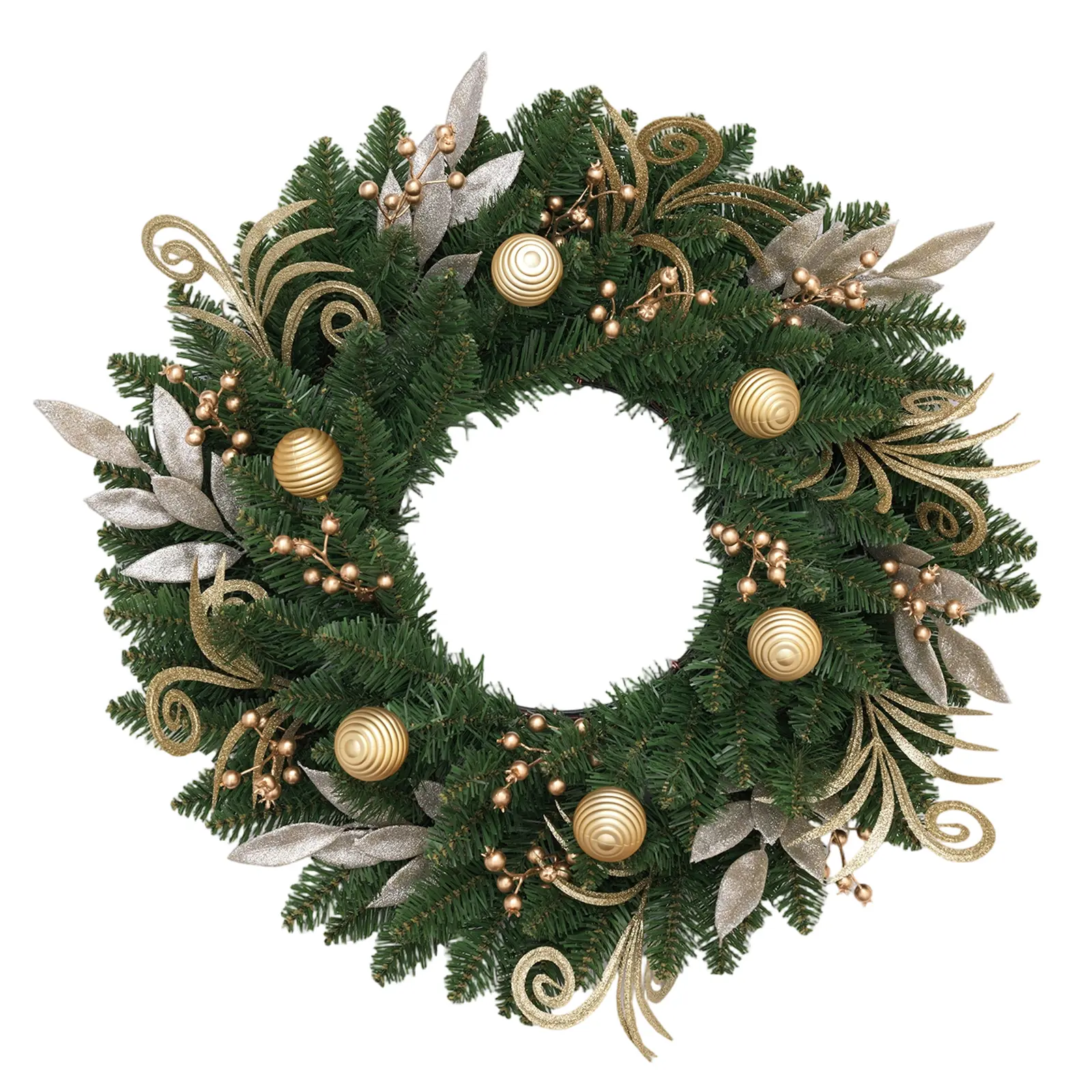 24-Inch Large Christmas Wreath for Front Door - Rustic Farmhouse Holiday Decoration with Ornaments (Balls, Berries), Golden Spiral Ball, Silver Scallion Leaf for Indoor/Window Use