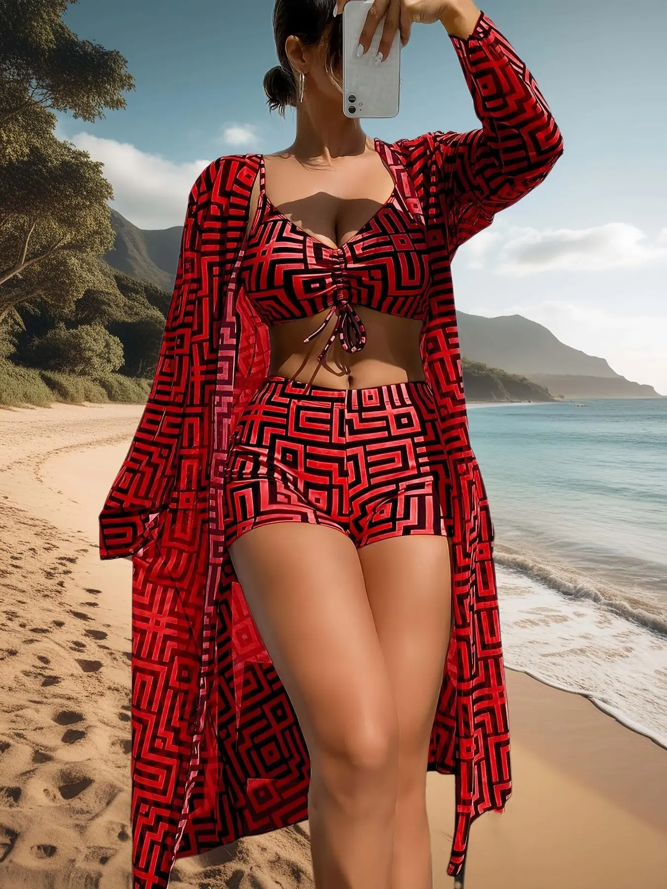 Women's Split Swimwear Resort Style Bikini Cover-Up Three-Piece Set, Push-Up Slimming Ruched Swimsuit, Perfect for Vacation