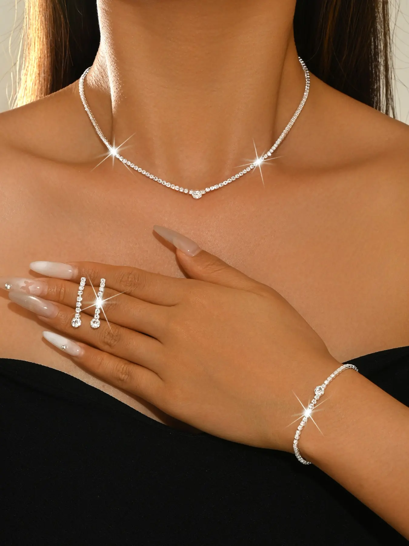 4-Piece Elegant Women's Jewelry Set, Necklace Earrings Bracelet, Sparkling Rhinestones, Perfect for Weddings Parties Graduations