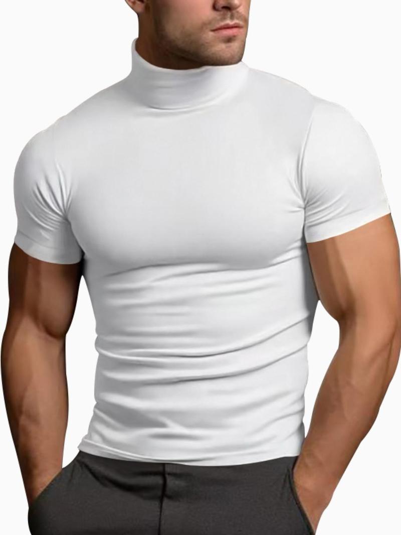 Men's Solid Color Turtleneck Tee, Casual Comfy Short Sleeve T-shirt for Summer, Men's Top for Daily Wear, Tropical