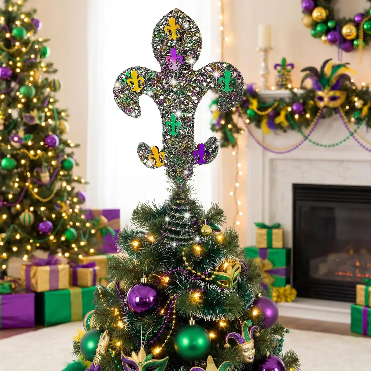 10" Carnival Tree Topper Metal Glitter Fleur De Lis Ornaments Decorations Classic  Green  Glitter Tree Topper for Carnival Party Holidays Decor