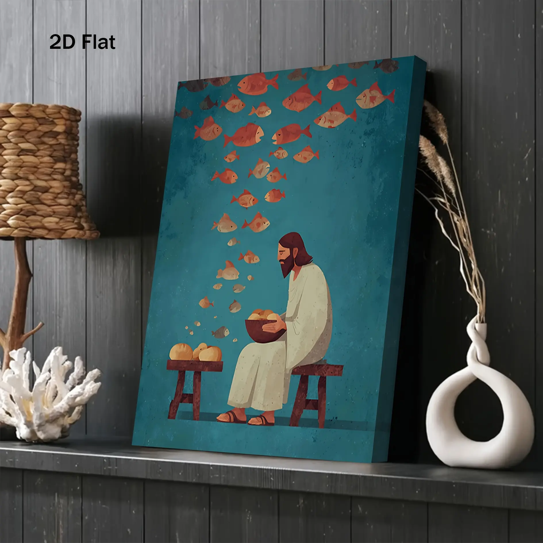2D Flat, 1pc Vintage Jesus Feeding the 5000 (Loaves & Fishes) Bible Story Wall Art - Framed Christian Miracle Painting, Jesus Feeds Multitude, for Church Kitchen Decor, Religious Gift for Christians, Hook-and-Hang Canvas Print
