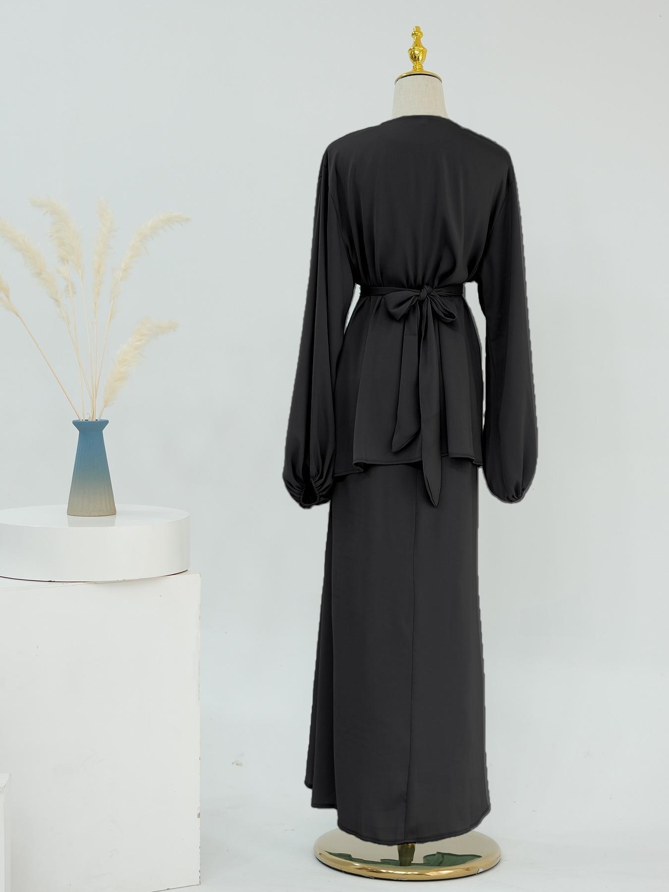 Two-Piece Set Women's Plain Lantern Sleeve Asymmetrical Hem Belted & Tank Dress Islamic Set, Abaya Hijab Set, Modest Casual Two Piece Outfits for Daily Outdoor Wear, Ladies Clothes for All Seasons