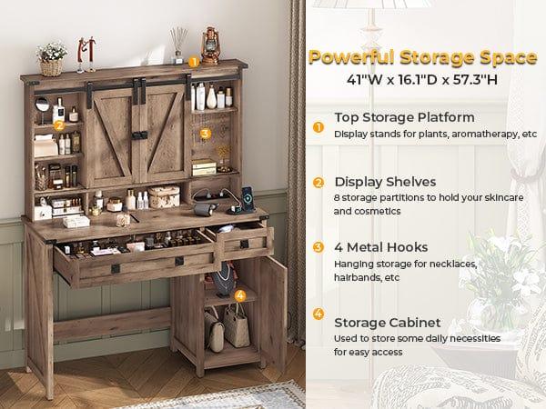 Sikaic Makeup Vanity with LED Mirror Sliding Barn Doors Brown