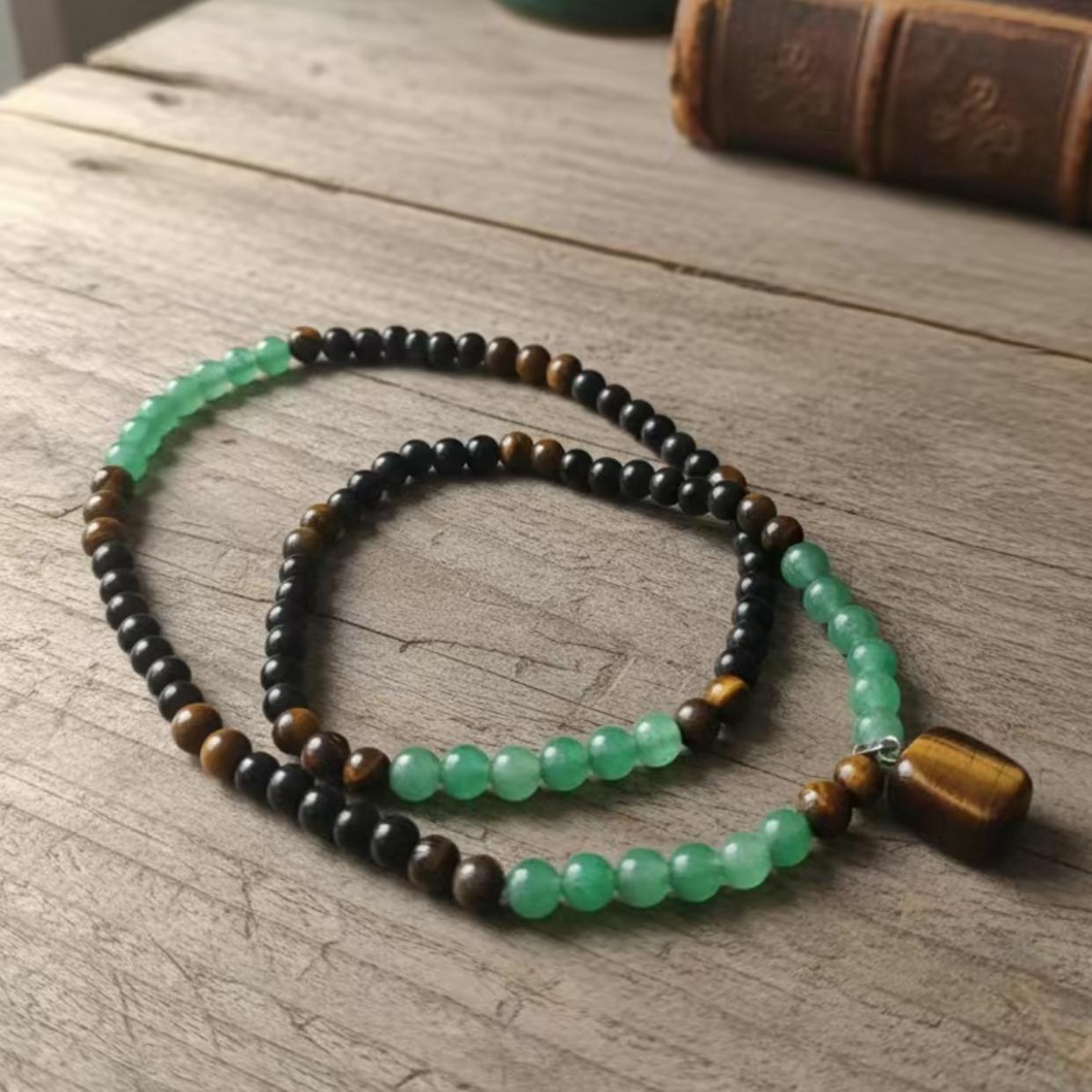 Green Aventurine & Tiger Eye Money Attraction Necklace, Natural Healing Crystal Pendant for Wealth & Prosperity, Long Chain Sweater Necklace, Ideal Gift Jewelry for Men and Women, Jewelry Charms for Anniversary, Vacation &Theme Parties