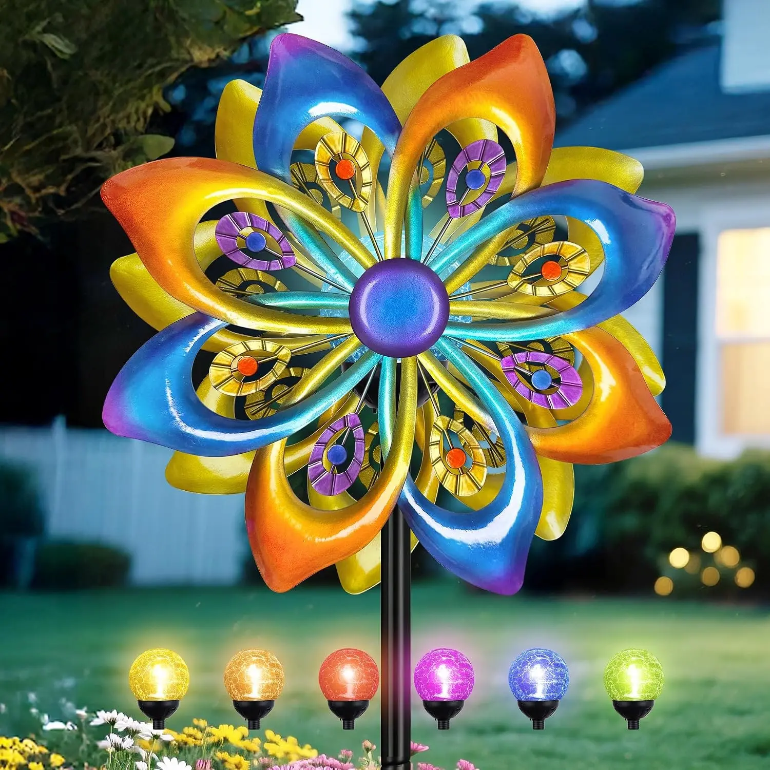 Solar Wind Spinners Outdoor - H60xW13 Metal Yard Art Kinetic Wind Spinners with Colorful LED Crackle Ball, Peacock-Style Windmill for Yard Lawn Garden Decor, Gardening Gifts for Women