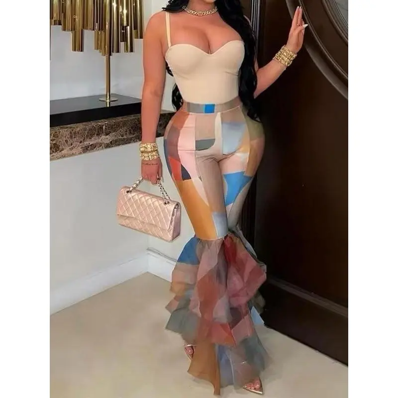 Colorblock Patchwork Contrast Mesh Flare Leg Pants for Women, Elegant Womenswear, Comfort High Waist Tiered Layer Hem Trousers for Party Holiday Vacation, Ladies Bottoms for All Seasons Valentine's Day, gift