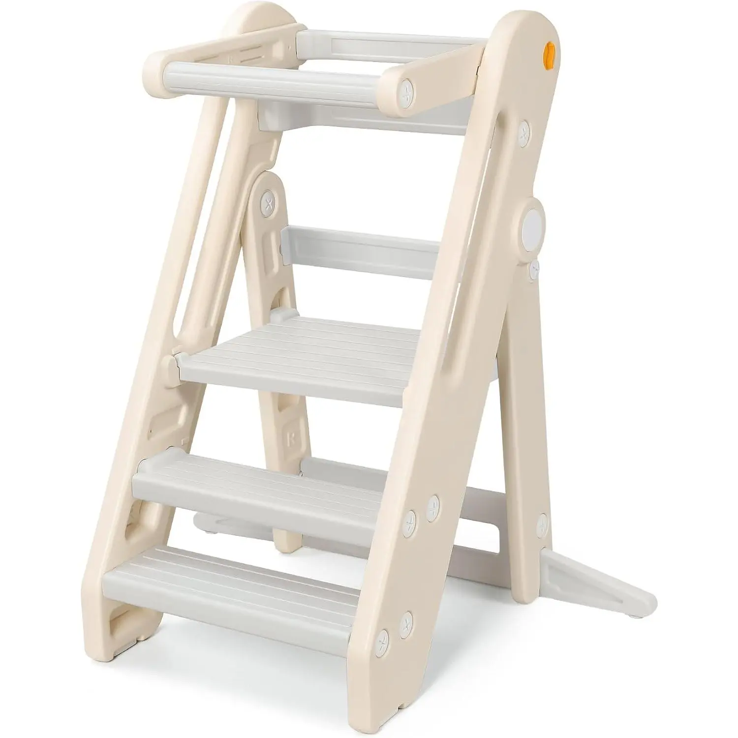 Height-Adjusted Foldable Toddler Kitchen Stool Helper with Handles, Safety Rail, Non-Slip Pads - Grey, Indoor Kids Learning Stool for Kitchen Counter, Bathroom Sink