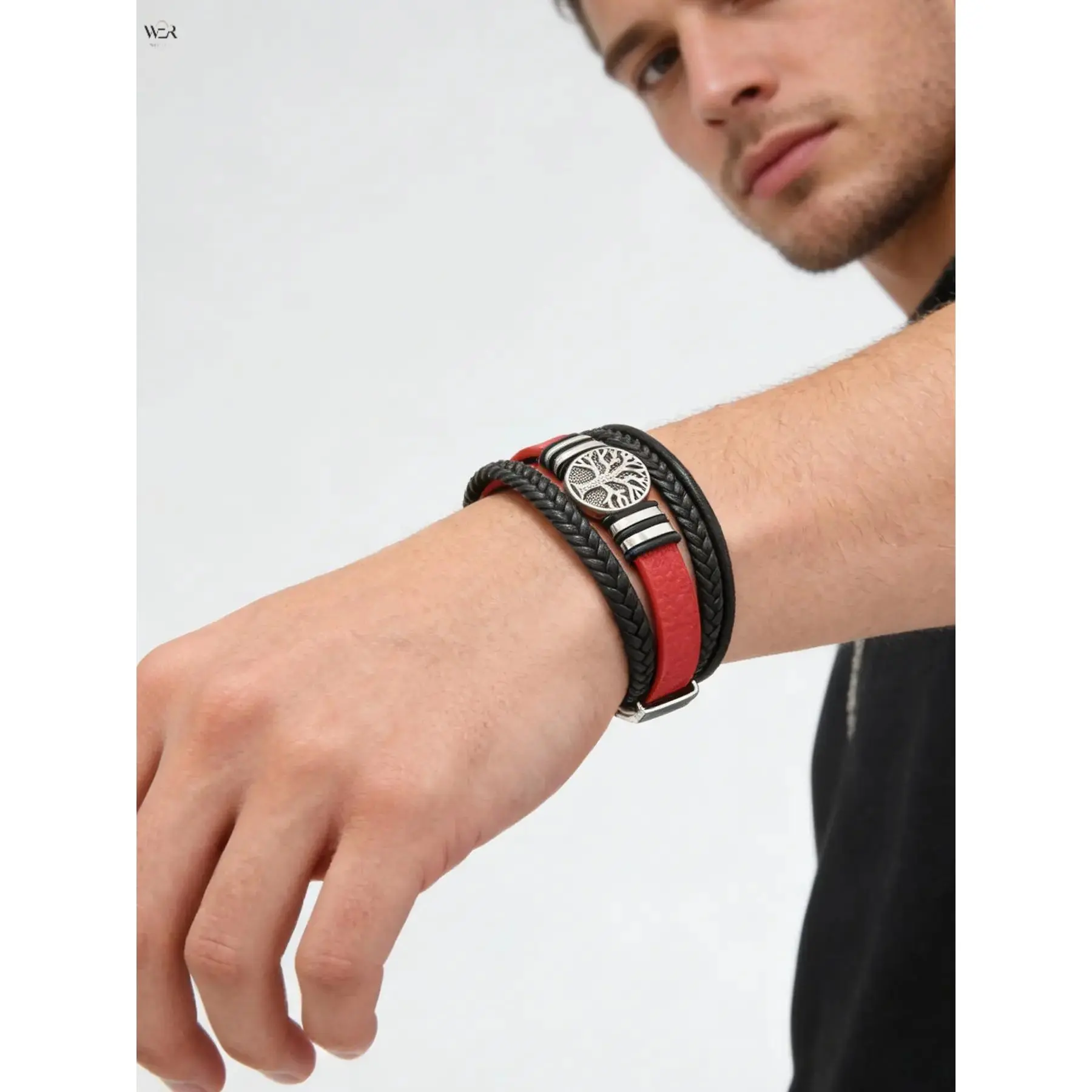 Men Braided Leather Life of Tree Bracelet, Black Red Contrast Wrist Band with Tree of Life Metal Charm, Magnetic Clasp Casual Daily Wrist Jewelry for Male Gift