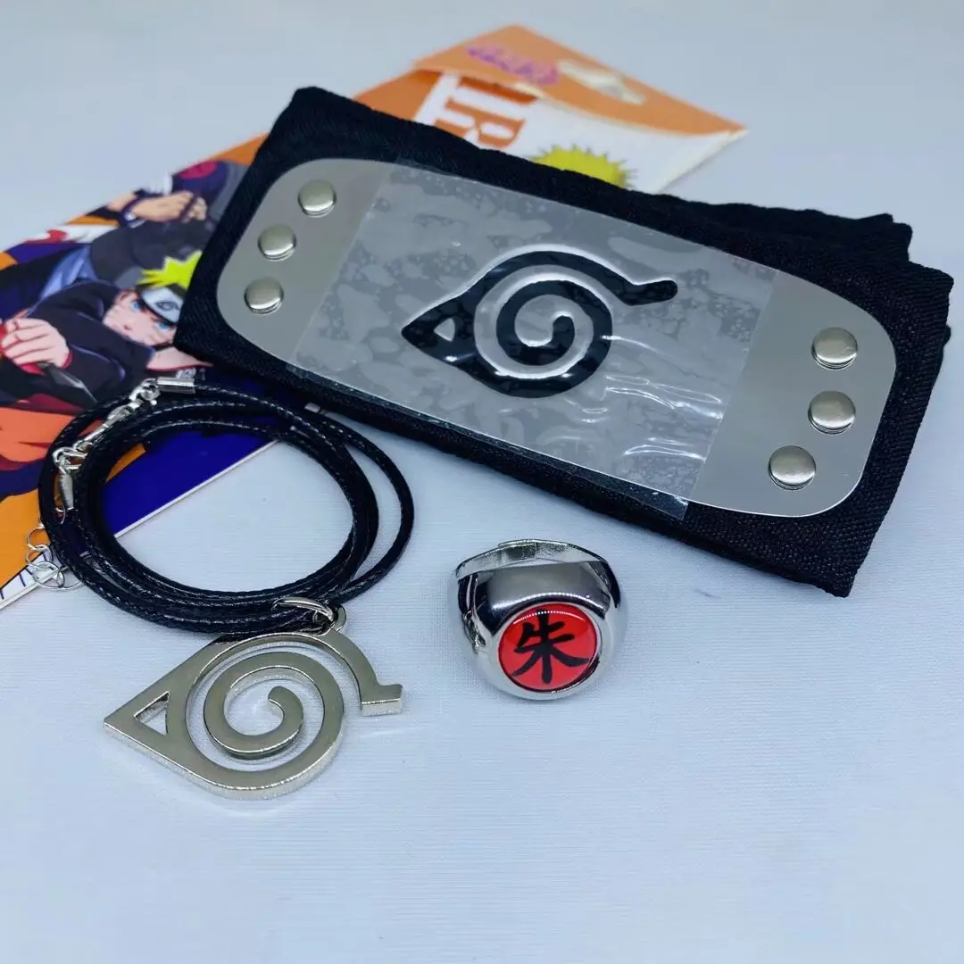 Anime Cosplay Set, 3-Piece Metal Coated Jewelry Accessories for Costumes & Anime Events, Includes Red Cloud Necklace, Kanji Ring & Anti-Village Headband