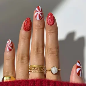 24pcs Christmas Candy Cane Spiral False Nails, Cute Holiday Full Coverage Glitter Nail Tips, New Year Date Daily Wear
