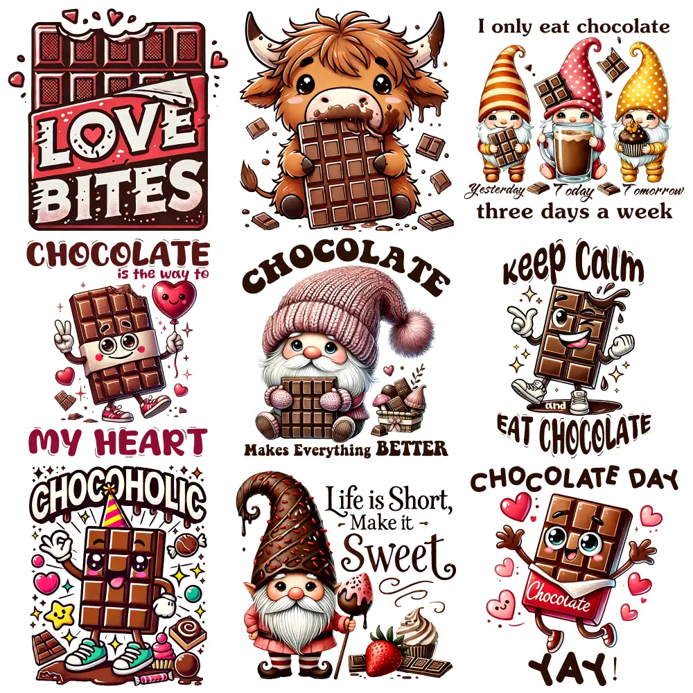 9 Pcs Chocolate Theme Iron on Transfers Transfers Sticker On Clothes Iron on Decals for T Shirts casual style. Washable heat transfer stickers DTF Transfers Ready Easy to heat press decals