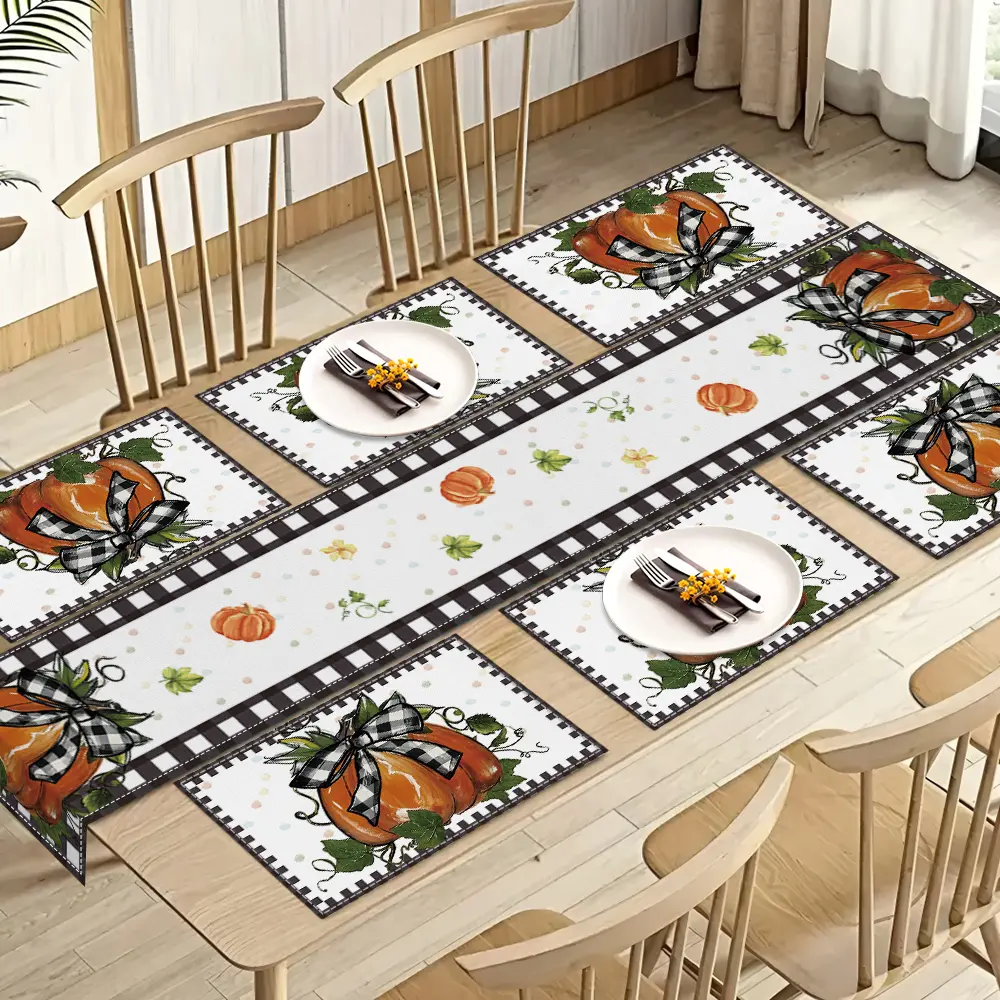 Autumn Placemats and Table Runners Set, Watercolor Pumpkin Design, Sturdy Linen Fabric, Perfect for Thanksgiving, Halloween, Holiday Placemats, Coffee Shop Decor