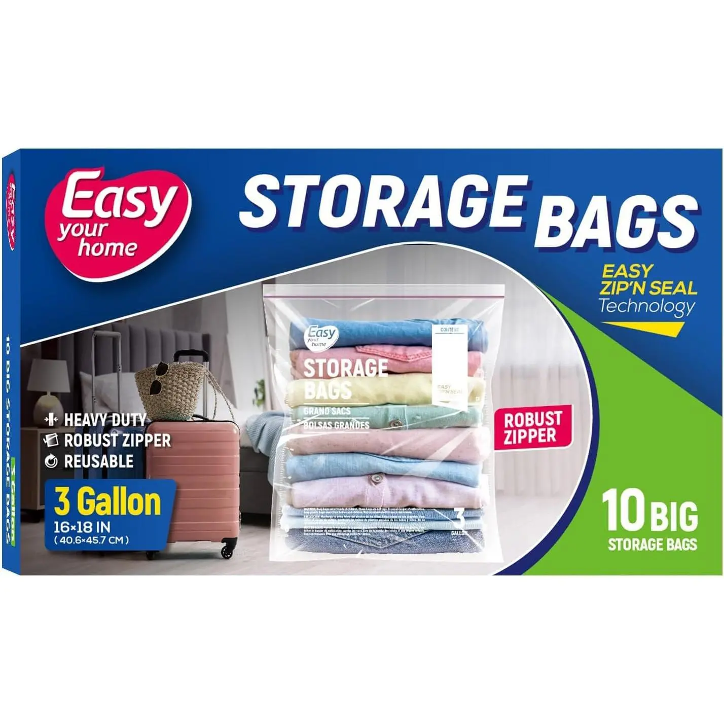 3 Gallon Storage Bags with Zipper for Clothing&Blanket& | Large,,Durable,,Various Size,Easy to Seal&Open, Plastic,Freezer,Travel,Moving,2-Mil Thick,10PCS