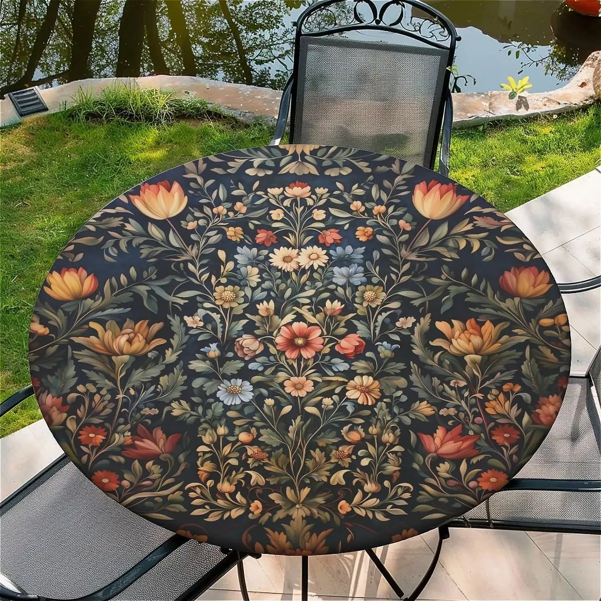 Round Fitted Tablecloth with Elastic Edge, 36"-60" Waterproof Stain Resistant Table Cover for Indoor, Outdoor, Picnic, Dining, Camping, Party, Holiday, 36inch, Floral Mirage
