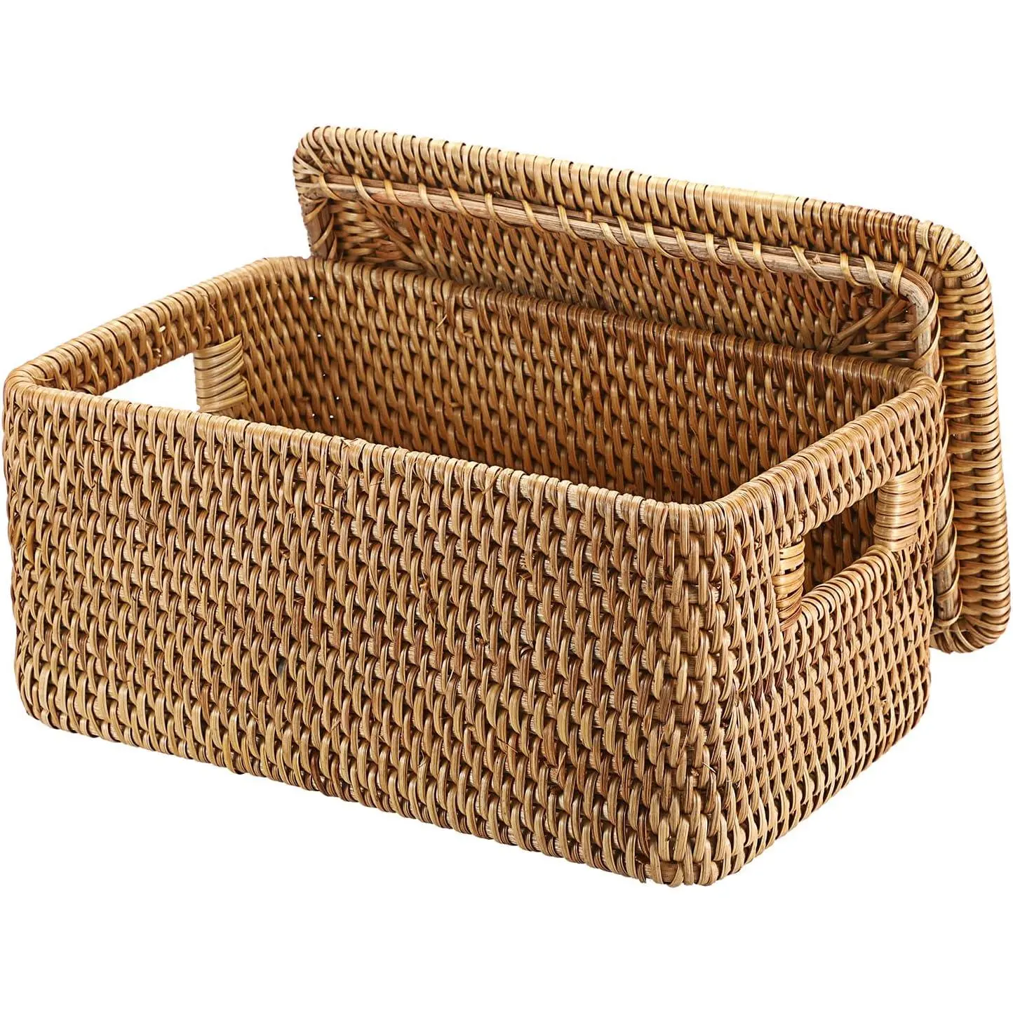 Rattan Basket with Lid, Rectangular Hand-Woven Wicker Storage Basket for Shelf Organizing, Picnic, Food, Bread - 12x7.9x5.9 Inches