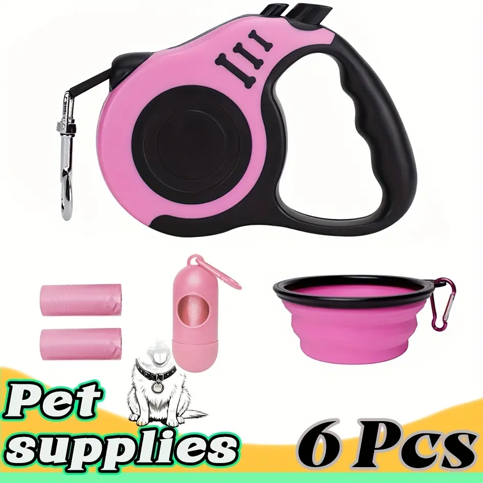 6pcs Pet Travel Kit, Pet Cleaning Set, 5M/16.4Ft Retractable Dog Leash, Easy Control, Dog Poop Pickup Kit, Dog Poop Bags, Dispenser, Convenient Dog Bowl, Dog Pot, Suitable for Outdoor Walking, Travel, Hiking, Suitable for All Dog Breeds