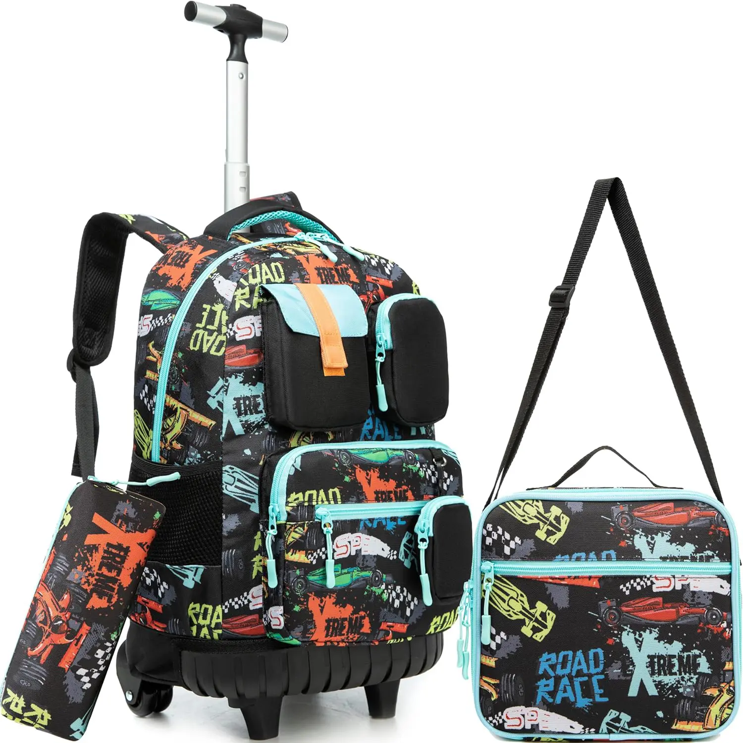 Cool Race Car Rolling Backpack 3pcs Set for Boys | F1 Speed Roadster Wheeled School Bag with Lunch Box & Pencil Case | Xtreme Multi-Pocket Trolley Bookbag 2026