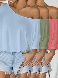 3-pack plain off-shoulder edgy hot girl style Chic fashionable women's off-shoulder T-shirts; plain off-shoulder short sleeve