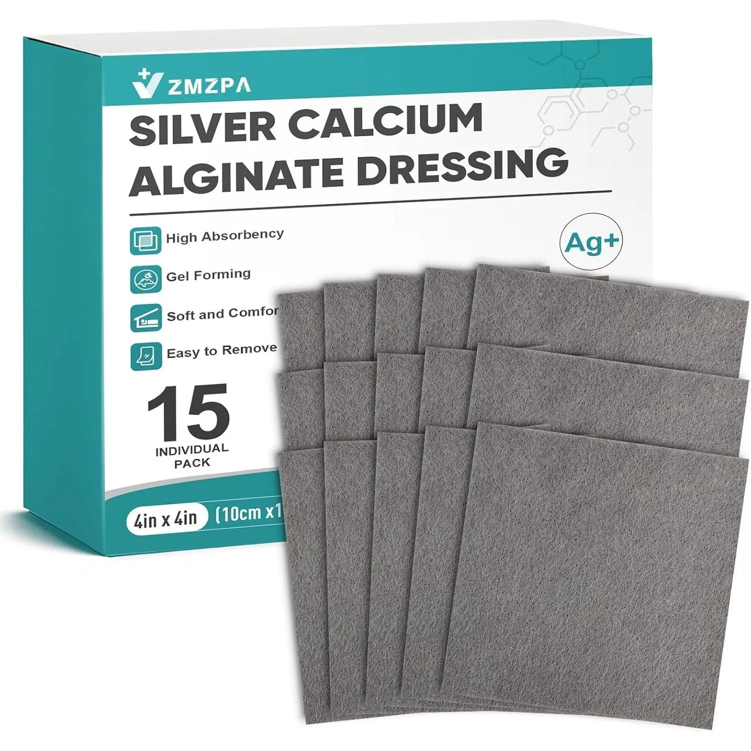 Silver Calcium Alginate Wound Dressing 4" x 4", Non Stick Pads for Wounds, Soft Silver Dressing for Wound Care, Highly Absorbent Dressing Gauze Pads, 15 Packs