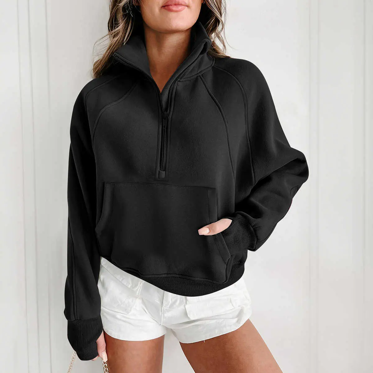 Black Fleece Lined Zip Up Stand Collar Thumbhole Sleeve Sweatshirt
