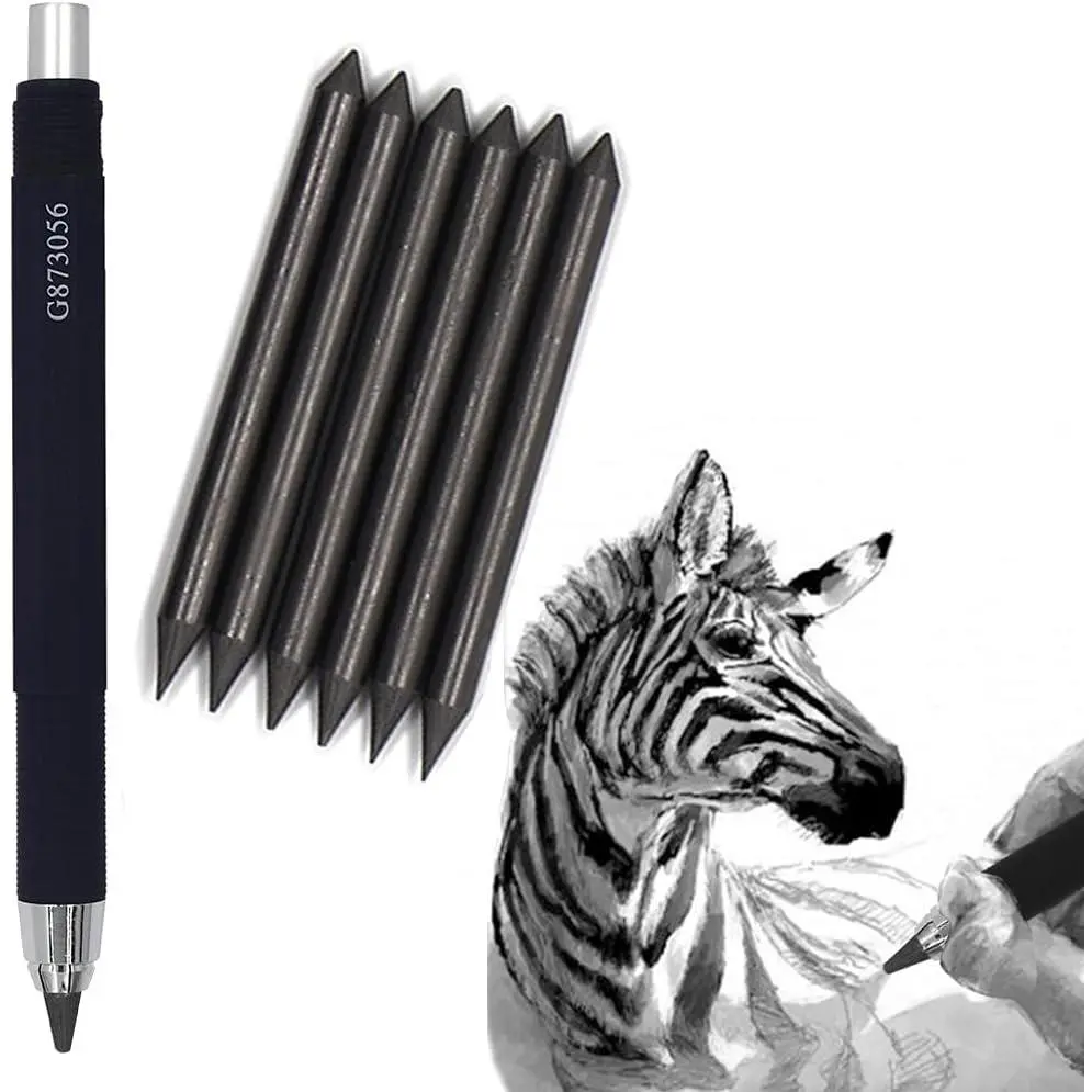 5.6mm Mechanical Pencil Automatic Clutch Lead Holder, 5.6 mm Lead Art Mechanical Clutch Carpenter Pencil Graphite Pencil for Draft Drawing, Writting, Sketching (Black(with 6 count 4B Leads))