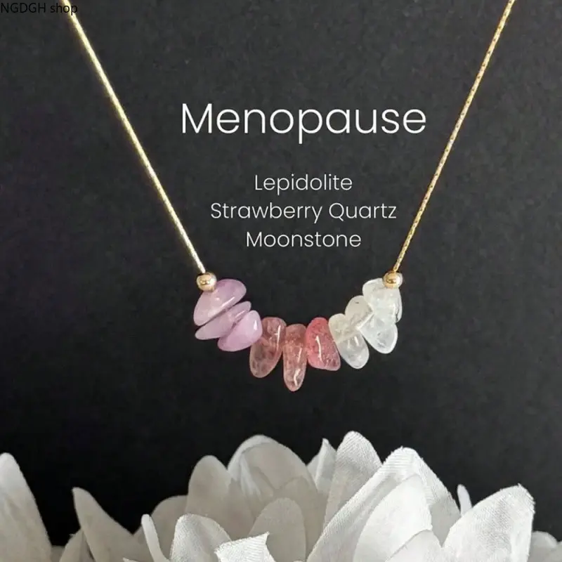 Boho Crystal Chips Pendant Necklace with Lepidolite, Strawberry Quartz & Moonstone, Gold Chain Accessory for Everyday Spirituality & Menopause Support, Daily Wear, Everyday Wear