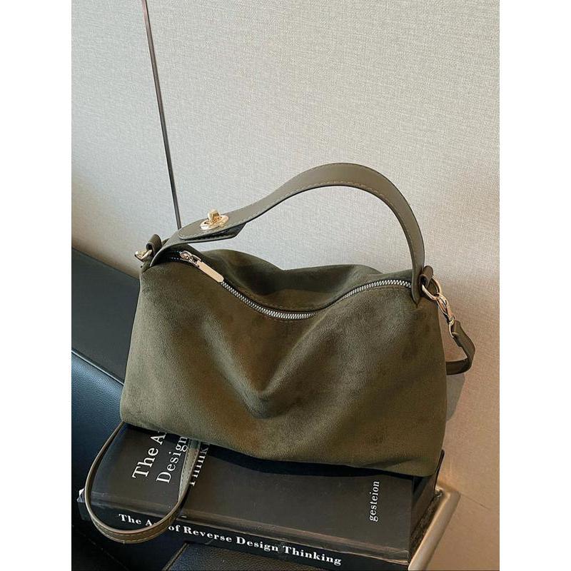 American Minimalist Vintage Suede Top-Handle Bag, Zipper Closure, Versatile Daily Handbag for Work & Casual