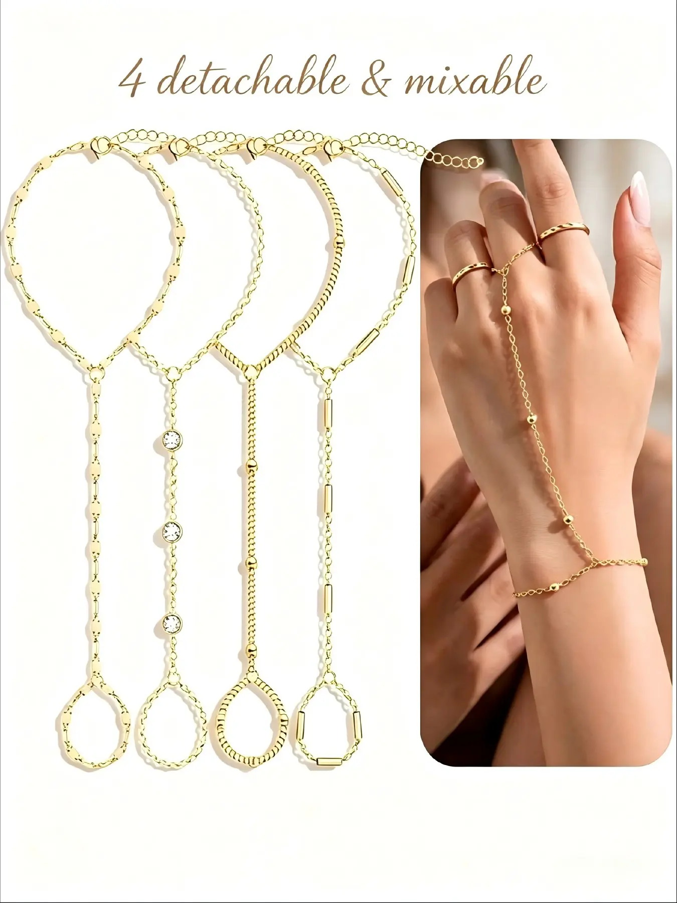 4Pcs Dainty Gold Plated Alloy Chain Hand Chain Bracelet Set for Women, Detachable Mix & Match Finger Slave Bracelets, Cubic Zirconia & Beaded Bracelet Sets Layered Hand Jewelry, Tarnish Resistant, Ideal Gift for Daily Dating Travel