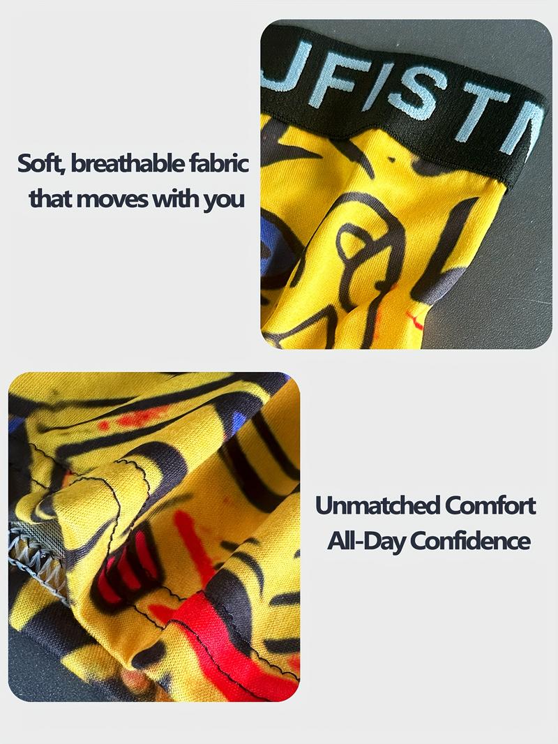 4pcs Men'S Boxer Briefs - Soft Breathable Underwear with Bold Graphic Prints (KJFISTMU, Graffiti Letters) - Stretchy Gym, All-Season Comfort Fit - Ideal for Streetwear & Hip-Hop Fashion - ,Comfortable Fit, Durable Construction, Multipack Underwear