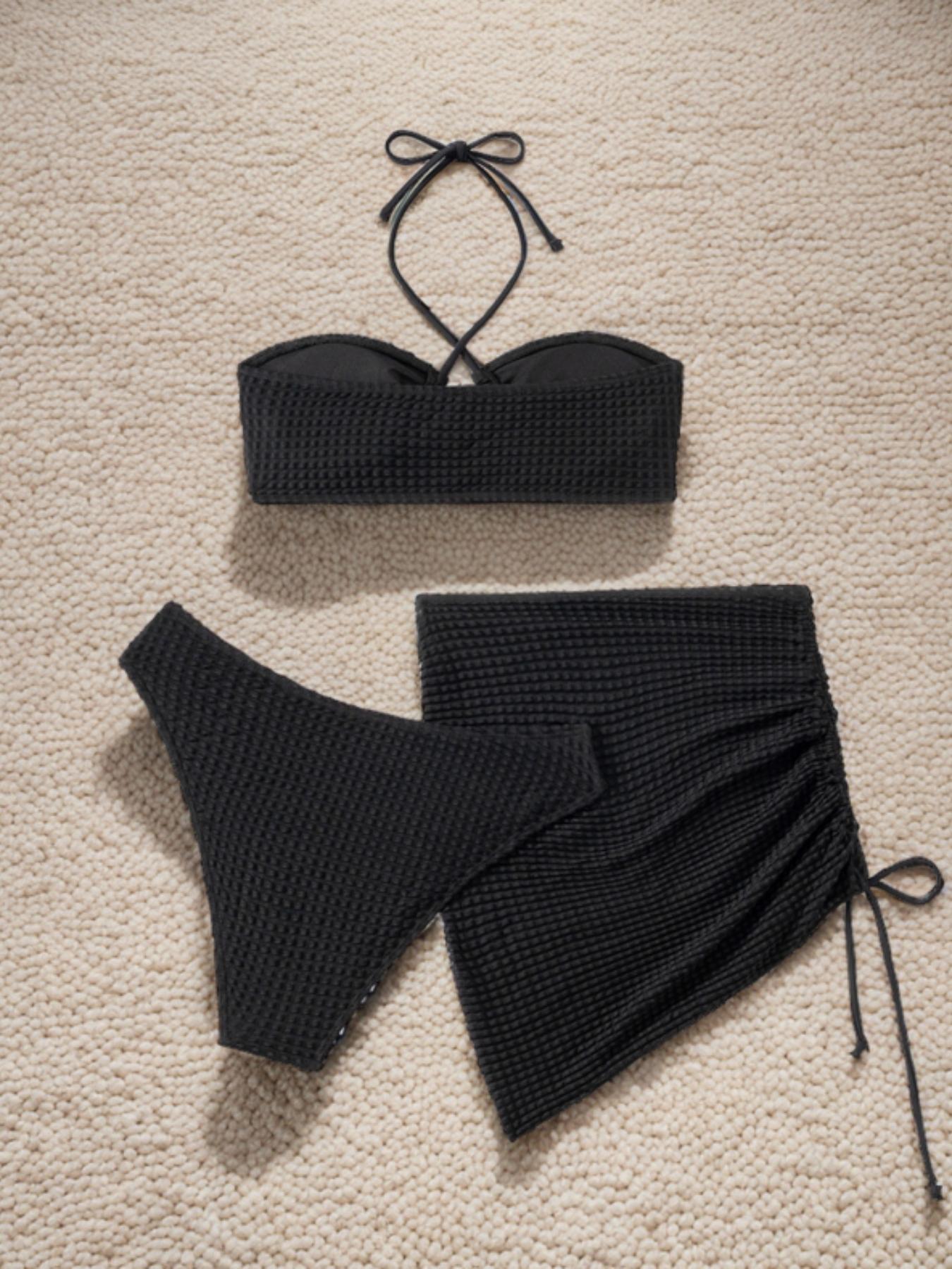 Women's 3pcs Solid Criss Cross Halter Tie Back Bra & High Cut Panty & Drawstring High Waist Sheer Skirt Swimsuit Set, Textured Swim Bra & Swim Panty & Swim Skirt, Summer Beach Party Swimwear Set for Women, Bikini Swimsuit