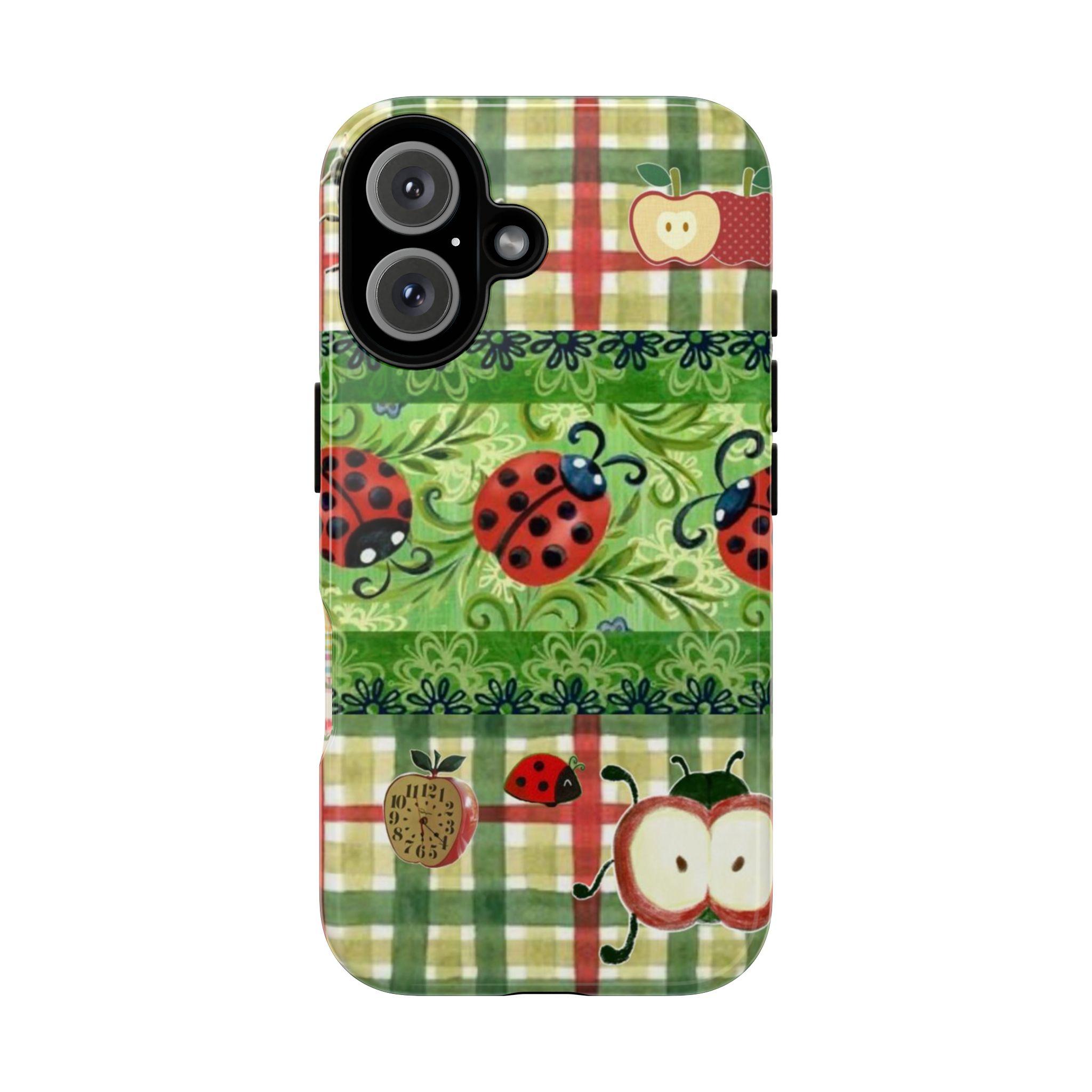 Cute Green Gingham Tough Phone 17 Pro Max Plus Air/16/15/14/13/12/11Case – Patchwork Caterpillar Ladybug Strawberry Aesthetic Protective Cover for Phone