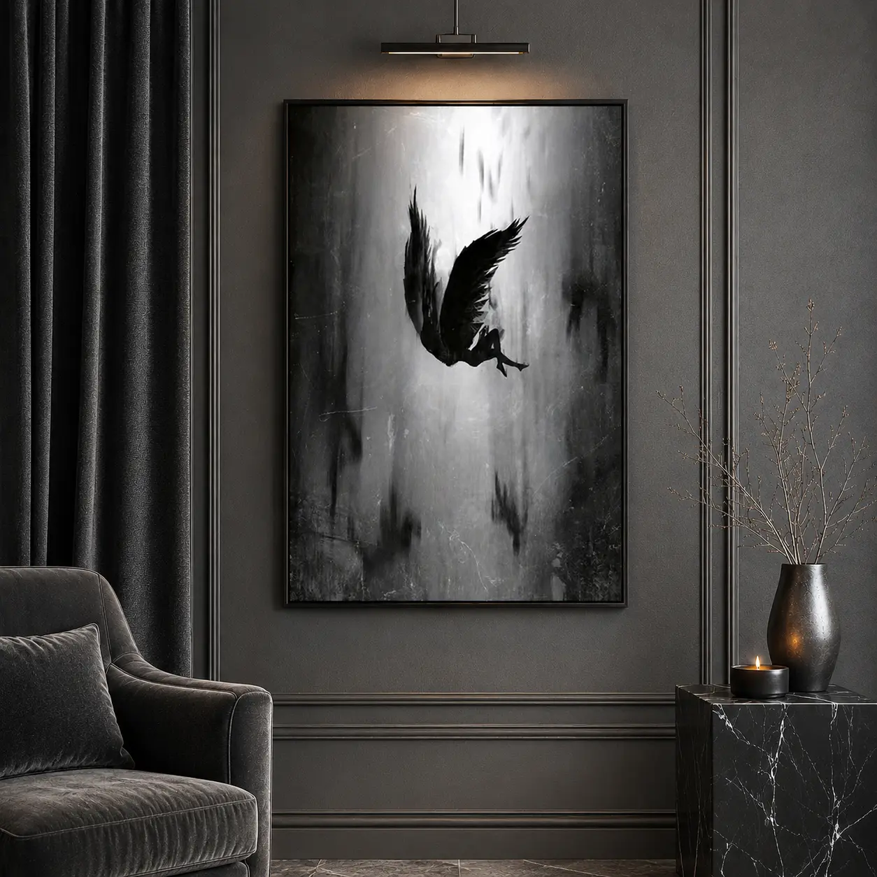 Fallen Angel Canvas Wall Art, Dark Gothic Bedroom Decor, Black and White Fantasy Print, Dark Academia Home Decor