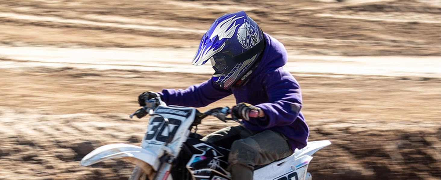 Youth Motocross Offroad Street Dirt Bike Helmet Youth Motorcycle ATV Helmet with Goggles Gloves Blue Flame M