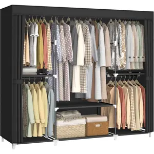 64.5" Closet Wardrobe, Portable Closet for Bedroom, Freestanding Clothes Rack with Non-Woven Fabric Cover, 5 Hanging Rods, 6 Storage Shelves, Clothes Storage Organizer, Black