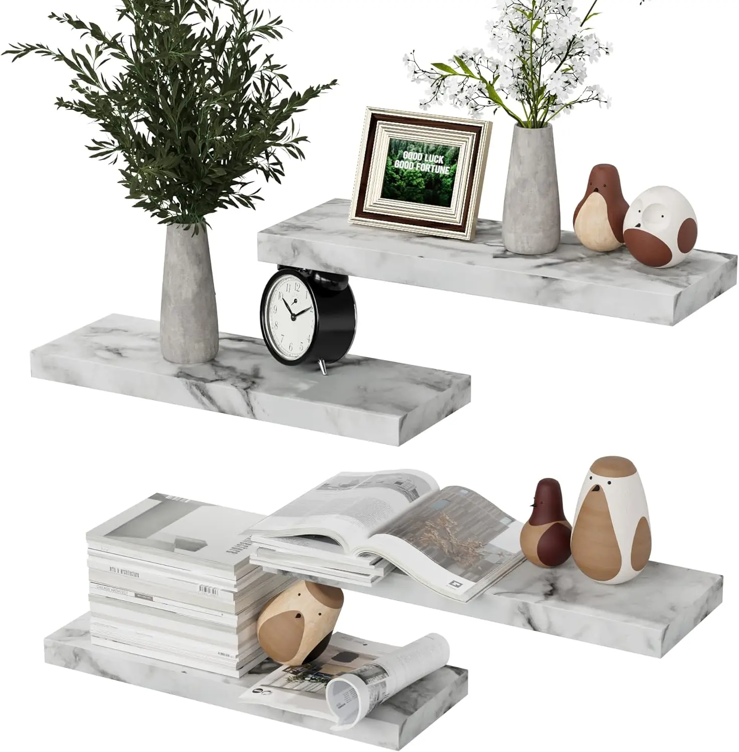 Modern 4-Set Floating Wooden Wall Shelves with Invisible Brackets, 5.7D x 15.72W x 1.22H in, Wall-Mounted Storage & Display Shelves for Bedroom, Living Room Home Decor