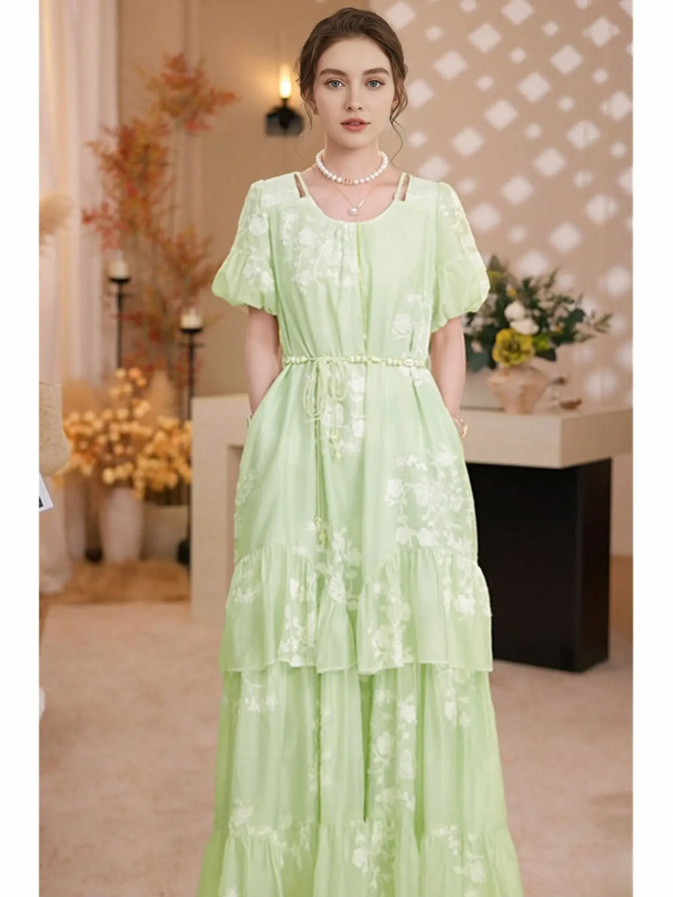 Fresh Embroidered Dress, Forest Style Elegant Lady Dress, Puff Sleeve Waist-Cropped Long Cake Dress, Summer Outing Afternoon Tea Dress
