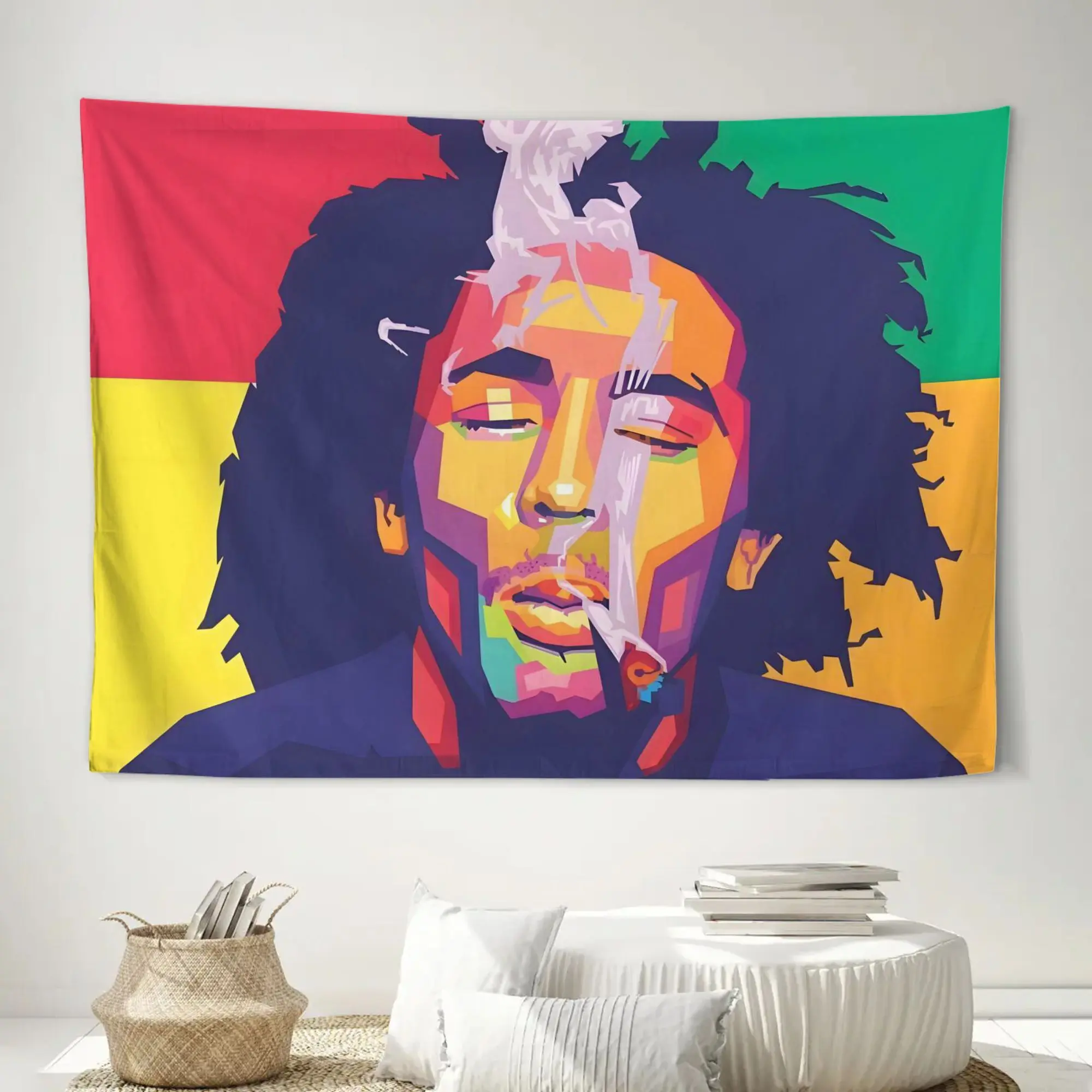 Rasta Flag Wall Hanging Tapestry - Horizontal Iconic Smoking Figure & Reggae Art Decor, Polyester Suitable for, Office, Study Room - Mural for Rasta Themed Decoration, Poster