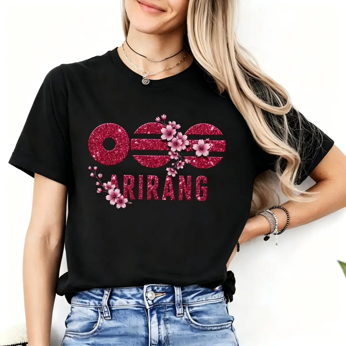 2026 Kpop Concert Merch Tee, Floral Arirang Pattern Casual Shirt, Korean Boy Group Tour Inspired Fan Top, Soft Cotton Army Fan Gift T-Shirt, Kpop Fan Daily Wear Graphic Tee Aesthetic Womenswear