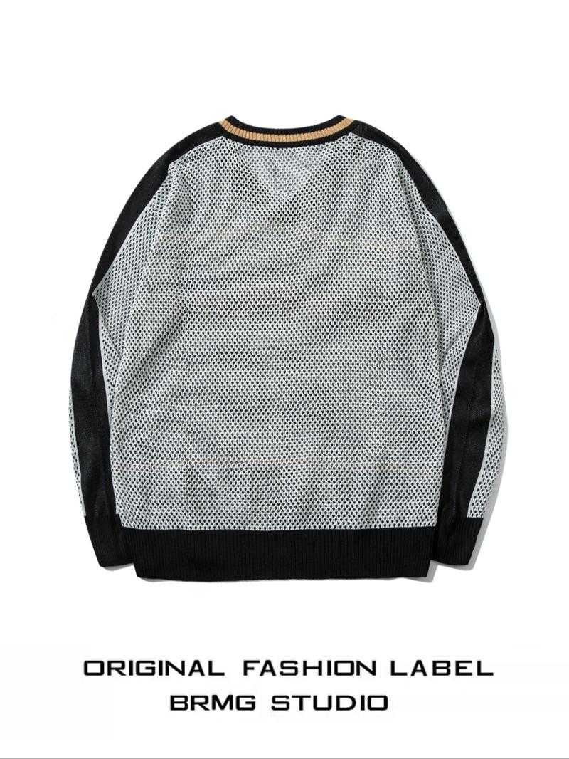 Men's Colorblock Letter & Figure Pattern Drop Shoulder Sweater Pullover, Casual Loose Long Sleeve V Neck Jumper for Spring & Fall, Fashion Men's Knitwear for Daily Wear