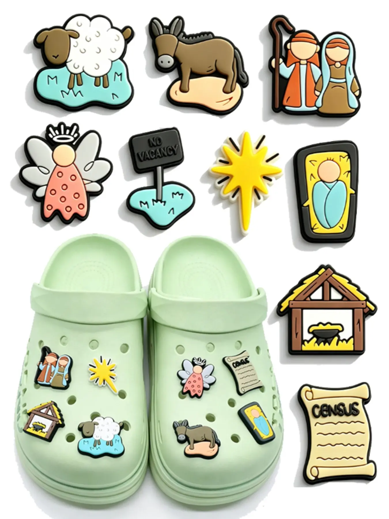 Jesus Birth Scene PVC Cartoon DIY Shoe Buckle Decorations, Classic Sandals, Christmas Party Birthday Gift, 9/18/36 Pieces Set