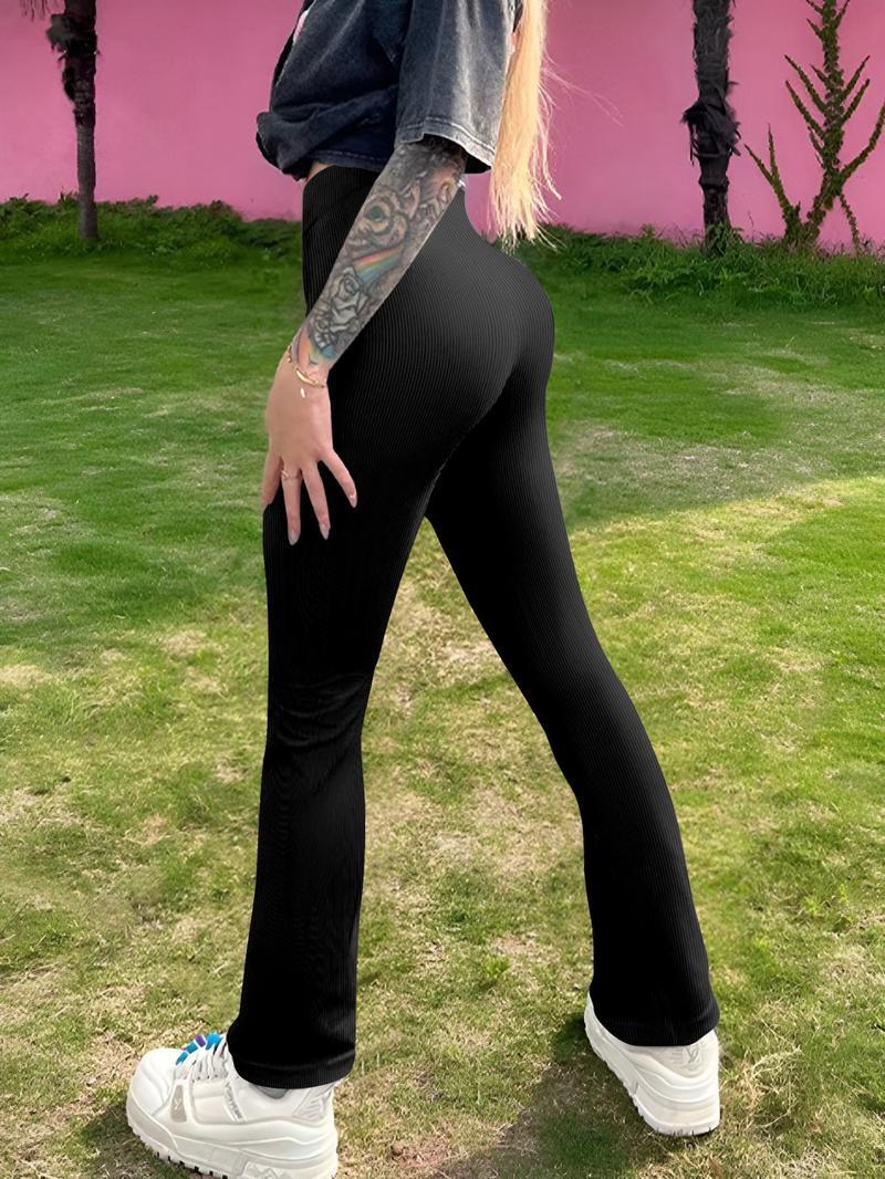 Women's Solid Ribbed Flare Leg Leggings, Casual Comfy High Stretch Bell Bottom Trousers for Yoga Gym Workout, Ladies Bottoms for All Seasons