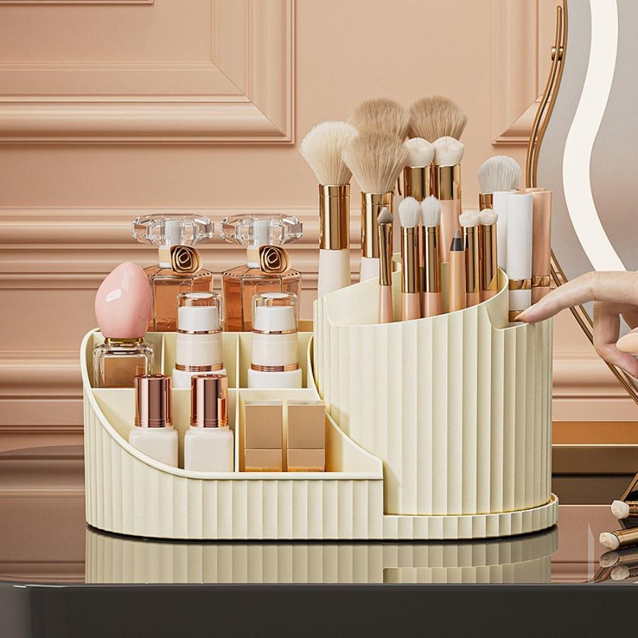 Rotating Makeup Brush Storage Box, Large Capacity Makeup Tool Storage Rack, Desktop Makeup Organizer for Bedroom Bathroom, Cosmetics Organizer Storage