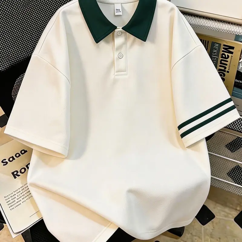 Td Solid Contrast Collar Striped Sleeve Polo Shirt, Casual Polo Shirts, Collared Polo, Unisex Oversized Preppy Top, Casual Streetwear, Golf, Tennis, Everyday Wear, Summer Tops