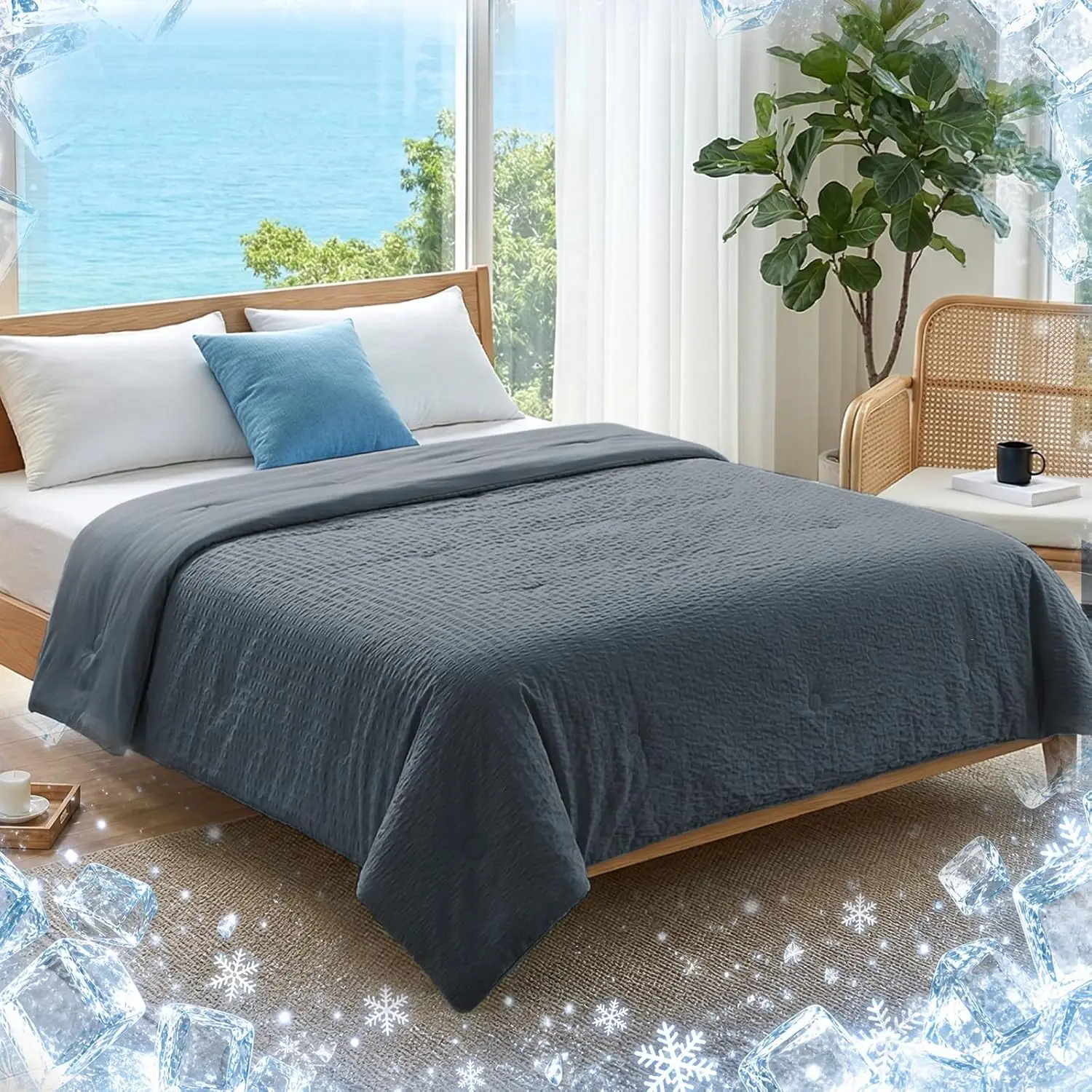 Cooling Blanket for Hot Sleepers, Cooling Comforter  Size | Lightweight & Soft, Seersucker Breathable Summer Blanket for Night Sweats, -Sided Silky Smooth, Light Grey, 108"x90"