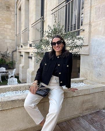 Women's Tweed Blazers Long Sleeve Business Button Down Casual Cropped Blazer Jackets with Pockets